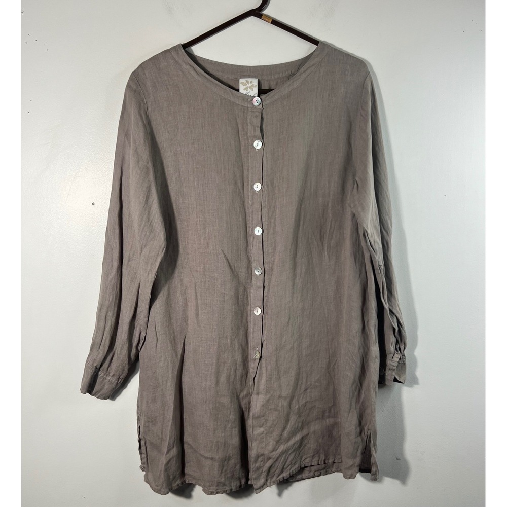 Womens Match Point Linen‎ Button Tunic Light Brown S Oversized Roll Tab Sleeve